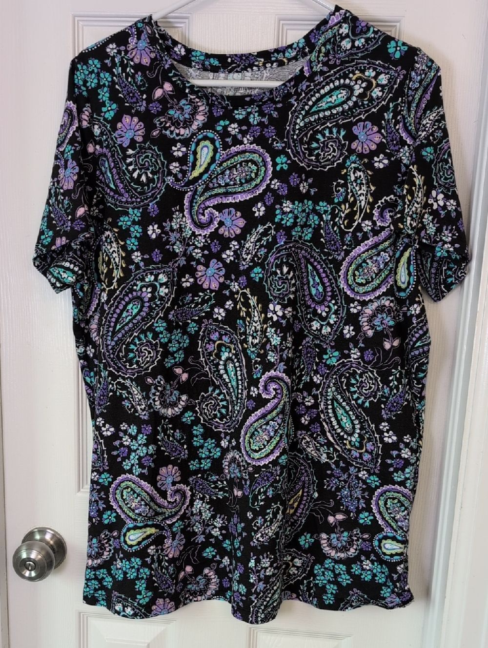 Woman Within Black Paisley Short Sleeve Tee with Purple & Teal Accents